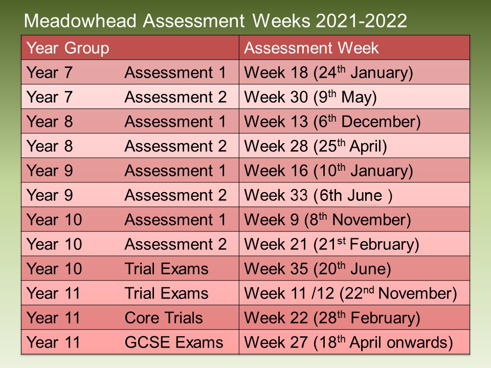 assessment week calendar