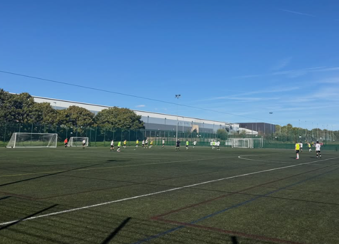 football players on the pitch, seen in the distance