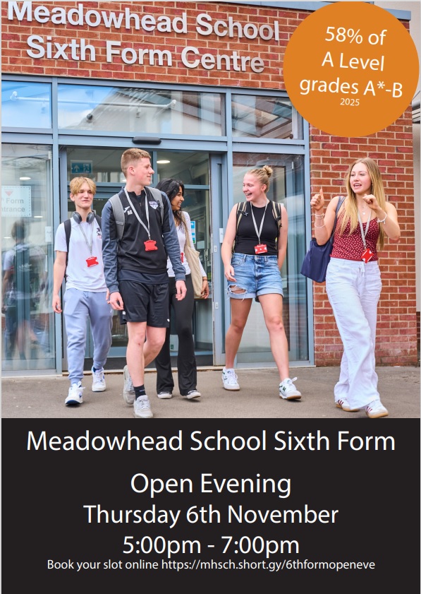 sixth form open evening flyer showing students coming out of the sixth form