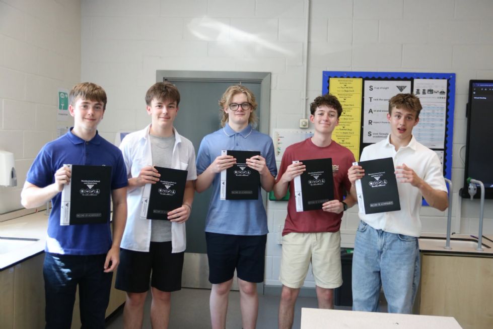 students standing with their folders