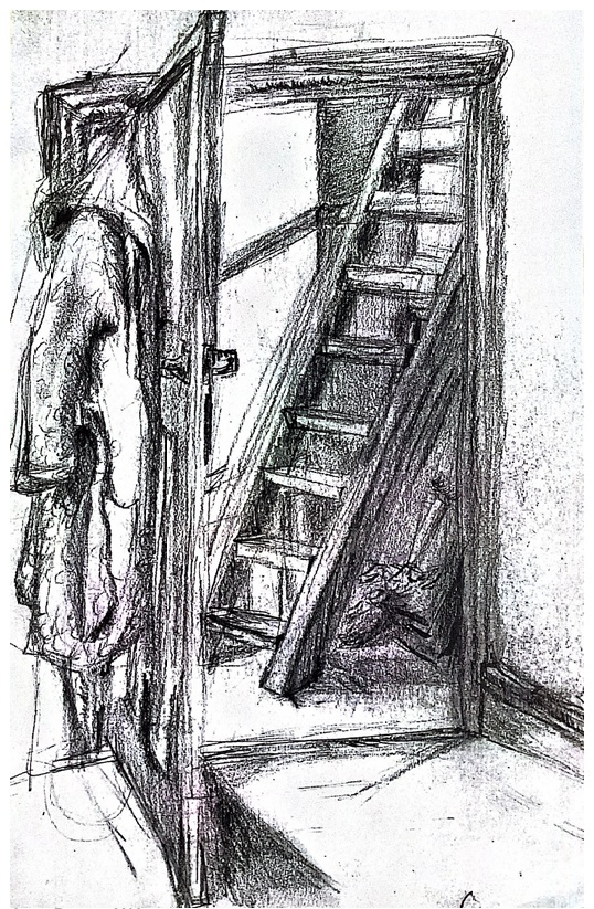black and white illustration of a door and stairs