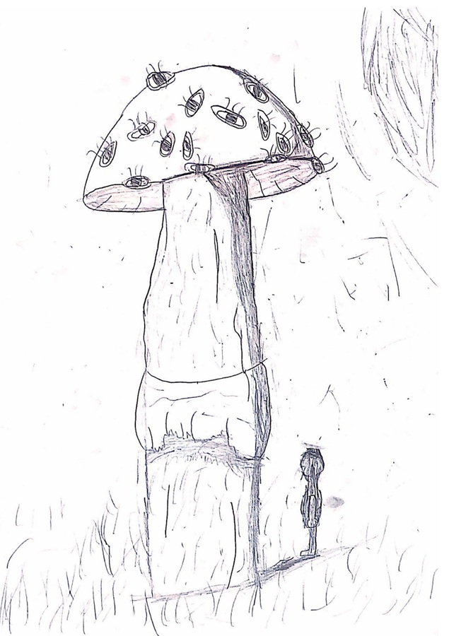 black and white illustration of a mushroom with beetles
