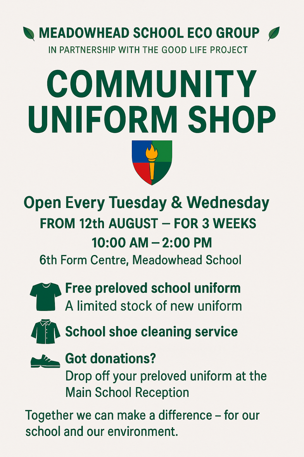poster advertising the community shop in August at Meadowhead school sixth form for sales of school uniform