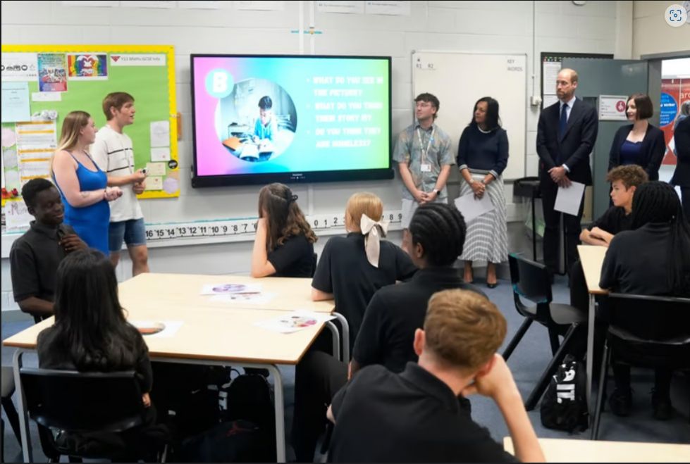 HRH Prince William in a y9 classroom hearing about the Upstream project