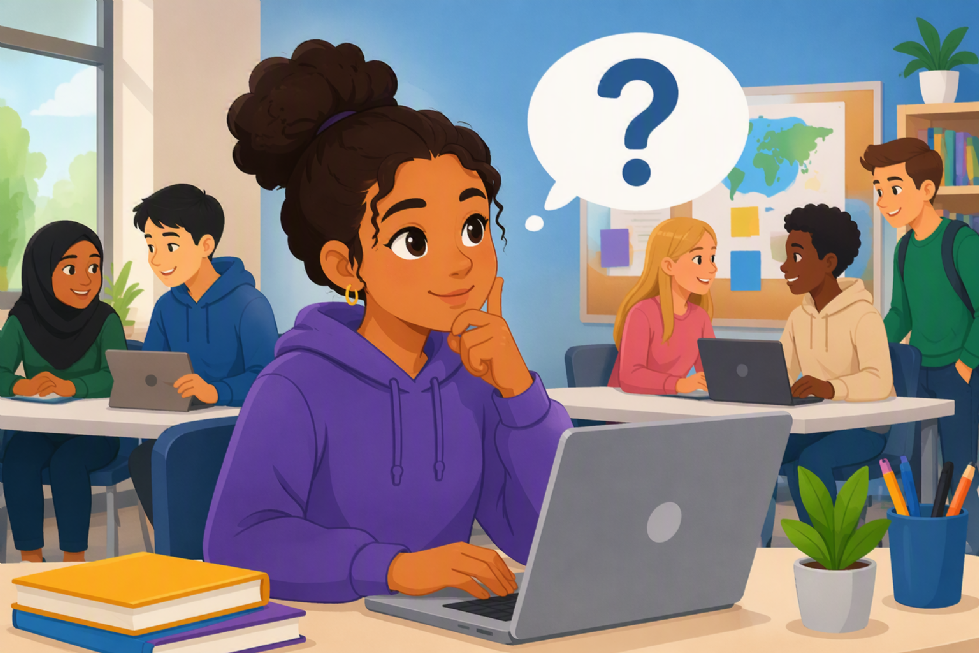 cartoon image of a student sitting at a computer