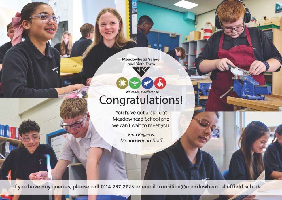 postcard saying congratulations on getting a place at Meadowhead, with images of students in school