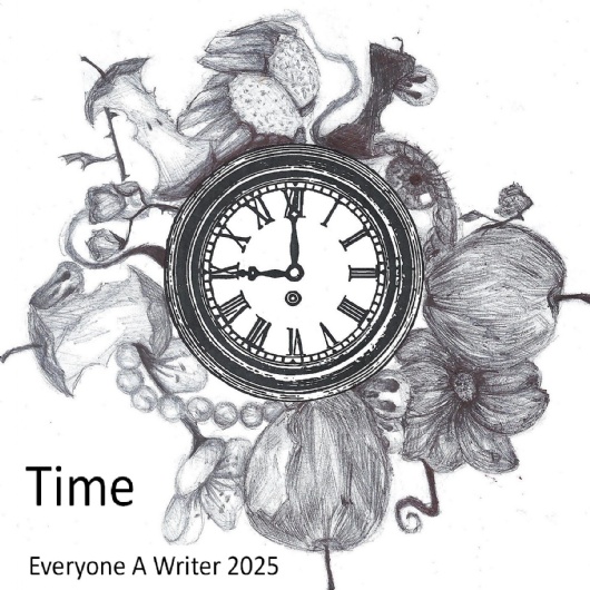 artwork on the theme of time from the front cover of the anthology - showing a clock